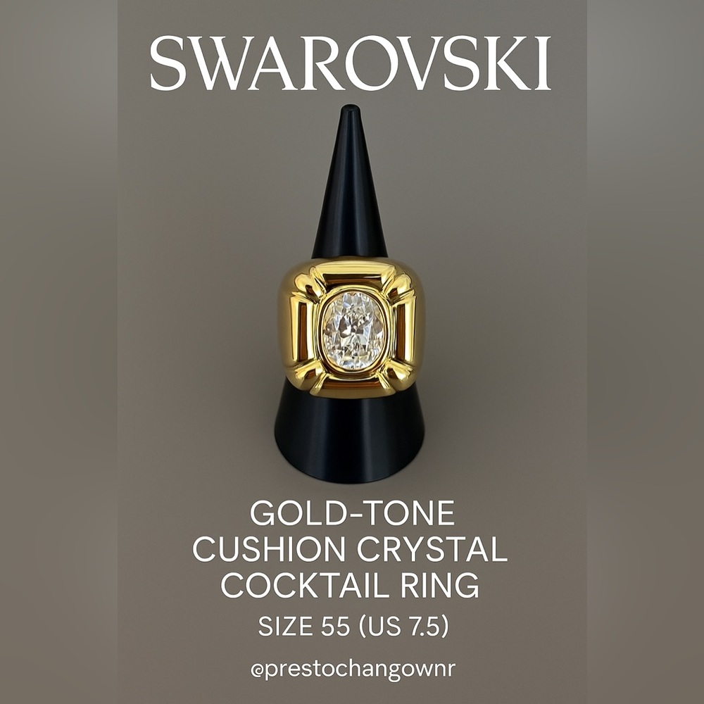 ✨ Swarovski Gold-Tone Cushion Crystal Cocktail Ring – Size 55 (US 7.5) NWOT✨